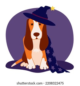 Basset hound disguised as a wizard sitting on the ground. Dog in Halloween costume with a coat and a hat. Illustration in flat style with animals.