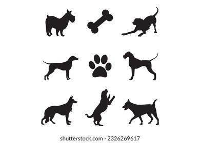 Basset hound dog animal silhouettes, vector silhouettes of a dog, Silhouettes of dog breeds, Collection of dog silhouettes, vector hand drawn animals silhouette set illustration, Vector set with black