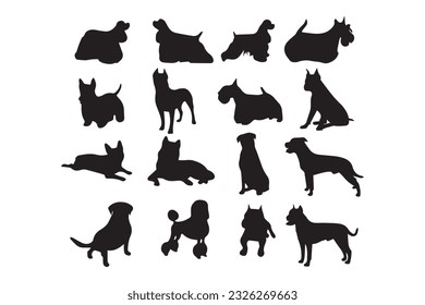 Siluetas de animales de perro anillados, siluetas vectoriales de un perro, Siluetas de razas de perros, Siluetas de perros, Siluetas de animales dibujadas a mano vectorial, conjunto de vectores con negro