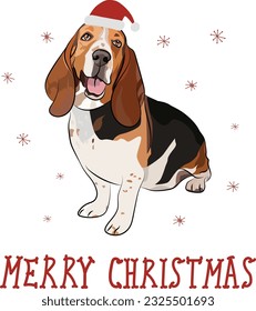 Basset hound dog drawing. Cute dog character in a top-view pose. Holiday Design for printing, adorable and cute Christmas dog cartoon vector greeting card. Adorable puppy, a funny holiday animal.