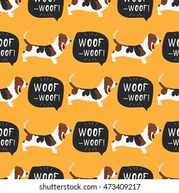 Basset hound dog french breed colorful seamless vector background with banner