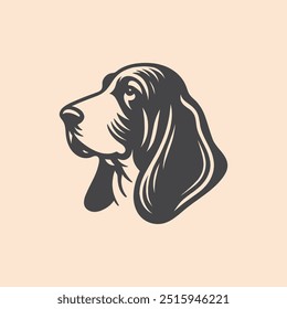 Basset hound dog. Head, face. black vector illustration, emblem, logo, print, icon.	