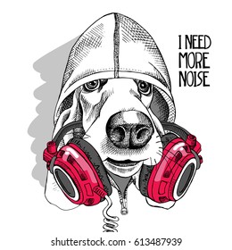 Basset Hound dog in a hood and with a red headphones on the neck. Vector illustration.