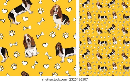 Basset hound dog on a playful yellow background with bones and paws. Funky, colorful vibe, vibrant palette. Simple, clean, modern texture. Summer seamless pattern with dogs. Birthday present. Love.