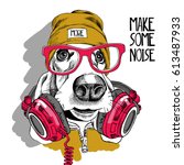 Basset Hound dog in a red glasses, yellow hipster hat and with a headphones on the neck. Vector illustration.