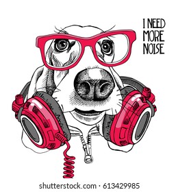 Basset Hound dog in a red glasses and with a headphones on the neck. Vector illustration.