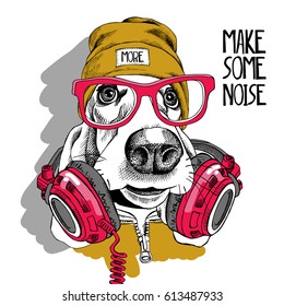 Basset Hound dog in a red glasses, yellow hipster hat and with a headphones on the neck. Vector illustration.