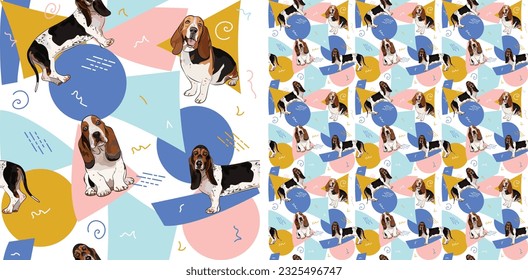 Basset hound dog summer pastel wallpaper. Holiday abstract circles, squares, spirals, confetti. Seamless geometric background, repeatable pattern. Birthday wallpaper, Christmas present, print tiles. 