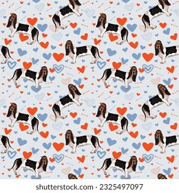 Basset hound dog Valentine's day bright heart wallpaper. Love doodles hearts holiday square background, repeatable pattern. St Valentine's day wallpaper, valentine's present, print tiles. Pastel color