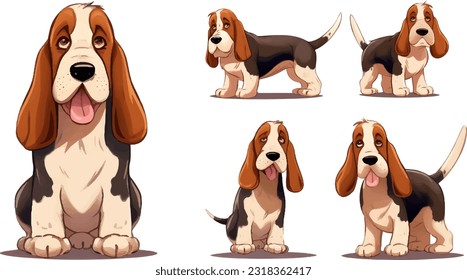 Basset hound dog in vector illustration set.