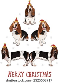 Basset hound dogs wearing winter hats. Cute funny dogs. Abstract Christmas tree. Vector illustration. Merry Christmas greeting card with the cute funny sitting and standing dogs, holiday, purebred.