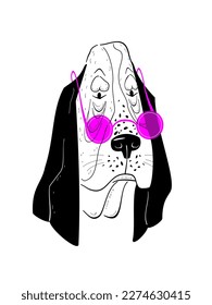 Basset hound head drawing.Print. Vector illustration.
