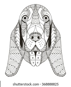 Basset hound head zentangle stylized, vector, illustration, freehand pencil, hand drawn, pattern. Zen art. Ornate vector. Lace.
