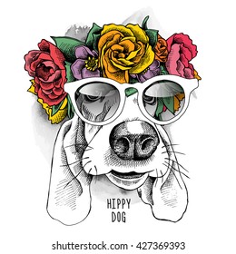 Basset Hound hippie Portrait in a floral head wreath and in a glasses. Vector illustration.