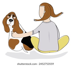 Basset hound puppy with little girl