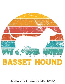 Basset Hound Retro Vintage Sunset T-shirt Design template, Basset Hound on Board, Car Window Sticker, POD, cover, Isolated white background, White Dog Silhouette Gift for Basset Hound Lover