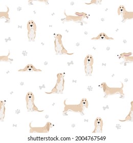 Basset hound seamess pattern. Different coat colors and poses set.  Vector illustration