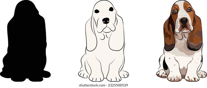 Basset hound silhouette, outlined graphic. Sitting pose dog. Cute dog characters, design for print, cute cartoon vector set. One color design.  Art, hand-drawn style. Red hound silhouette dog.