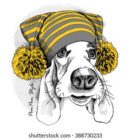 Basset Hound in a yellow Hat with pom-pom. Vector illustration.