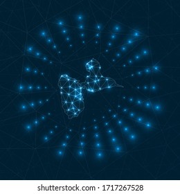 Mapa digital de la isla Basse-Terre. Rayos brillantes irradiando desde la isla. Conexiones de red y diseño de telecomunicaciones. Ilustración vectorial.