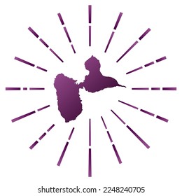 La isla de Basse-Terre gradientó la explosión de sol. Mapa de borde con coloridos rayos estelares. Ilustración de la isla Basse-Terre en digital, tecnología, internet, estilo de red. Ilustración vectorial.