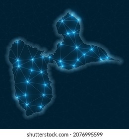 Basse-Terre Island network map. Abstract geometric map of the island. Digital connections and telecommunication design. Glowing internet network. Modern vector illustration.