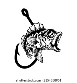 Bassfish and fishing hook. Design element for emblem, sign, badge, logo. Vector illustration