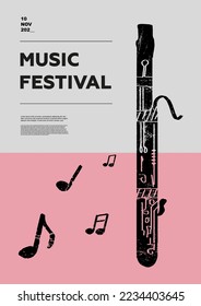 Bassoon, fagotto. Music festival poster. Wind musical instruments. Competition.  A set of vector illustrations. Minimalistic design. Banner, flyer, cover, print.