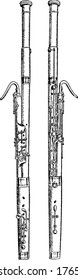 Bassoon, a woodwind instrument in the double reed family that is used to play music, with 17 keys, Savary model, vintage line drawing or engraving illustration.