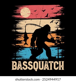 Bassquatch - Bigfoot fishing vector vintage T Shirt design