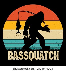 Bassquatch! Funny Bigfoot Fishing Outdoor Retro Vintage T-Shirt Design.