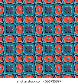 Bass-relief, optical illusion. Colorful seamless texture with shadow. Architectural background. Geometric vector pattern for website, corporate style, party invitation, wallpaper, interior design
