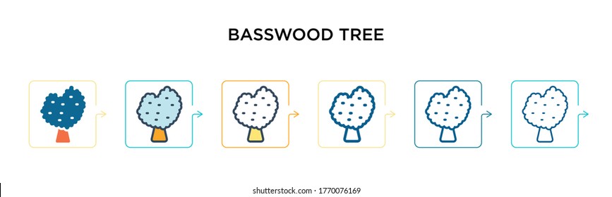 Basswood tree vector icon in 6 different modern styles. Black, two colored basswood tree icons designed in filled, outline, line and stroke style. Vector illustration can be used for web, mobile, ui