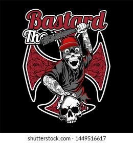 the bastard skull wearing cap holding a baseball bat.vector hand drawing,Shirt designs, biker, disk jockey, gentleman, barber and many others.isolated and easy to edit. Vector Illustration