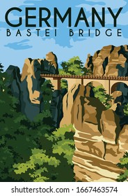 Bastei Germany Vector Illustration Background. Travel to Bastei Bridge in Saxon Switzerland Germany. Flat Cartoon Vector Illustration in Colored Style.