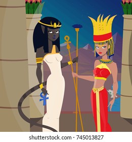 Bastet and Anuket goddess of egypt in the temple