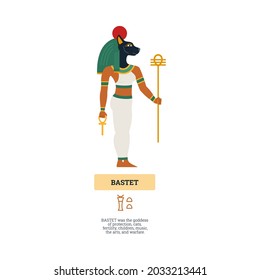 Bastet o Bast antigua diosa del amor egipcia, ilustración vectorial plana aislada en fondo blanco. Cartel con la deidad bastet de la religión del antiguo Egipto.