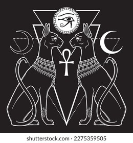 Bastet or Bast ancient Egyptian goddess sphynx cat in gothic style hand drawn vector illustration