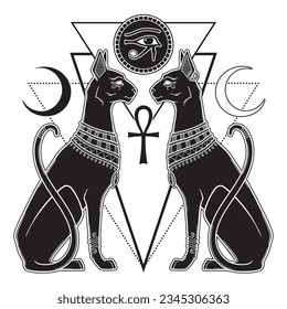 Bastet o Bast la antigua diosa egipcia esfinx gato en estilo gótico ilustración vectorial dibujada a mano