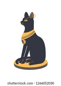 Bastet or Bast - goddess, deity or mythological creature with cat or lioness head holding ankh symbol. Legendary character from ancient Egypt mythology. Colorful vector illustration in flat style.