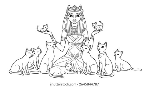 Gato Bastet Cabeçalho Deusa Colorir Página com Gatos brincalhões Antiga Mitologia Egípcia Feline Divindade Art Sheet