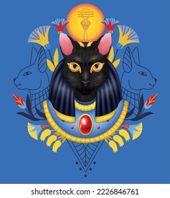 Bastet egyptian god composition with collage mask of ancient avatar image with decorated goddess cat head vector illustration