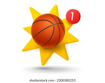 Bastetball ball with explosion effect. 3d vector mobile application icon with notification