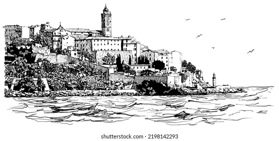 Bastia old city view from the sea -  Corsica, France - vector illustration (Ideal for printing on fabric or paper, poster or wallpaper, house decoration)
