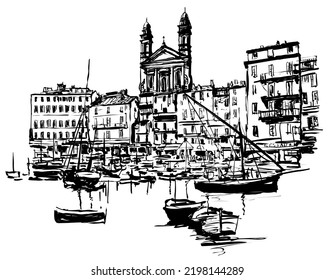 Bastia old harbour -  Corsica, France - vector illustration (Ideal for printing on fabric or paper, poster or wallpaper, house decoration)
