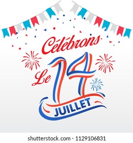 Bastile day celebration logotype formed by blue, white, red ribbon. Le 14 Juillet French translation of 14 July French national Day