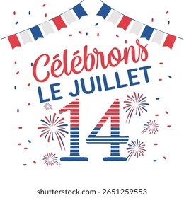 Bastile day celebration logotype formed by blue, white, red ribbon. Le 14 Juillet French translation of 14 July French national Day