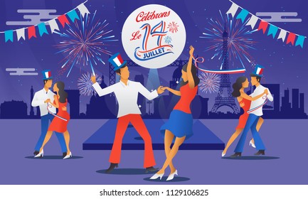 Bastile day greeting card with dance, parties and firework. Le 14 Juillet French translation of 14 July French national Day