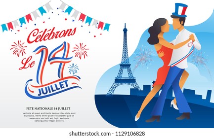 Bastile day greeting card with dance, parties and firework. Le 14 Juillet French translation of 14 July French national Day