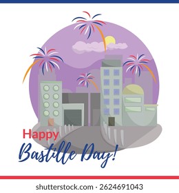 Bastille city fireworks night. Vector illustration